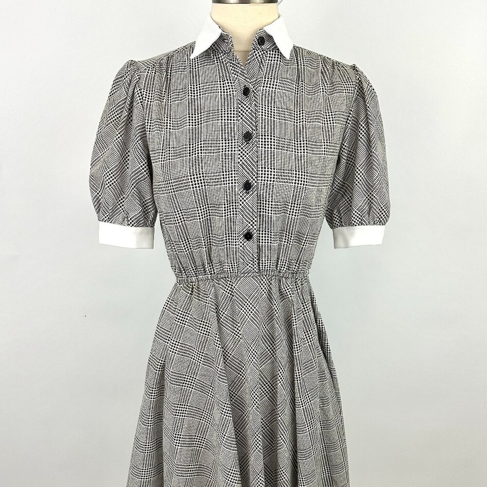 Vintage 1980s Dress | Mavinette | Button Up | Black White Plaid | Elastic Waist